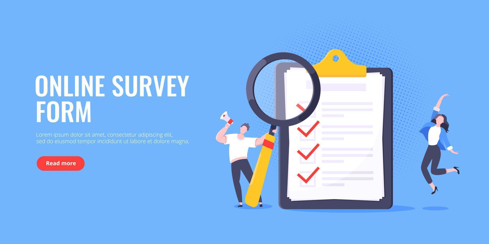 Checklist complete business concept tiny people with megaphone, magnifying glass nearby giant clipboard. vector