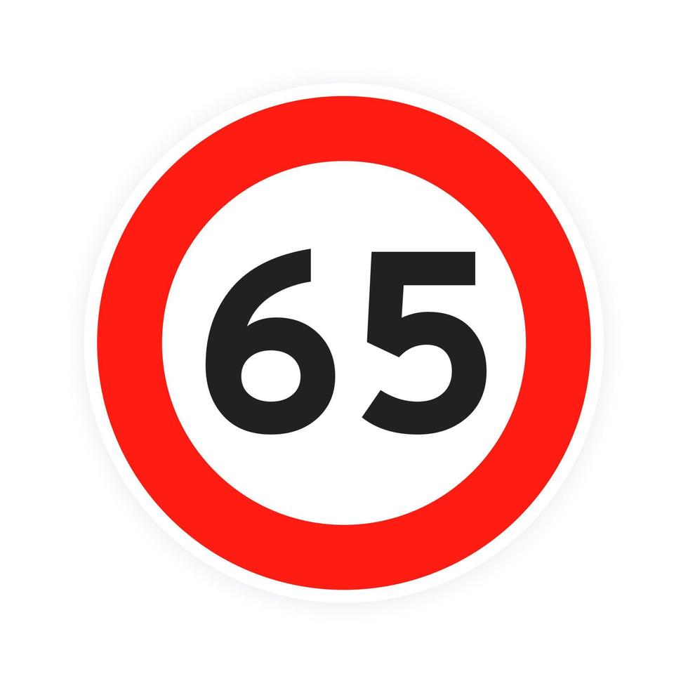 límite de velocidad 65 icono de tráfico de carretera redondo signo ilustración de vector de diseño de estilo plano.
