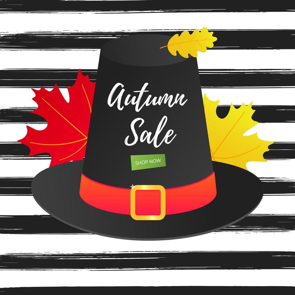 Autumn sale vector banner or poster gradient flat style design vector illustration. Huge red ribbon with text AUTUMN SALE, colored leaves, pumpkin, sunflower, pie and corn isolated on fun background.