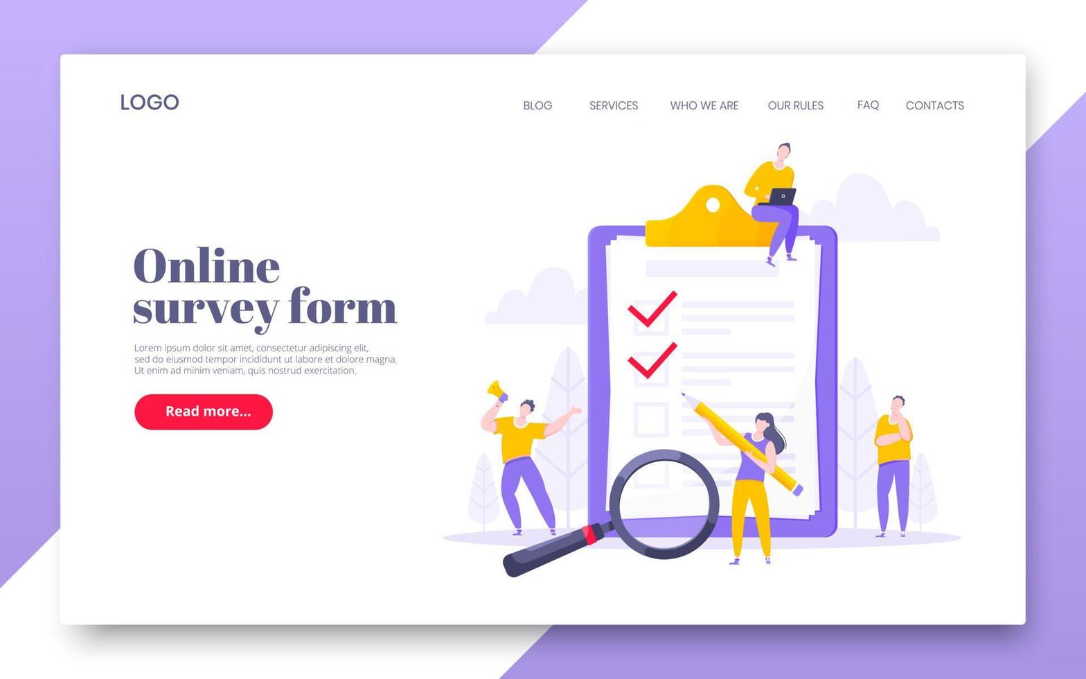 Online survey form business concept with tiny people with megaphone, pencil nearby giant clipboard complete. vector