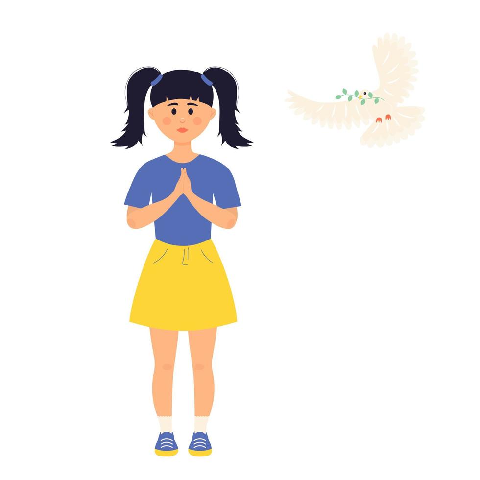 una niña protesta contra la guerra. paloma blanca vuela cerca. orar a ucrania. Dia Internacional de la Paz. vector