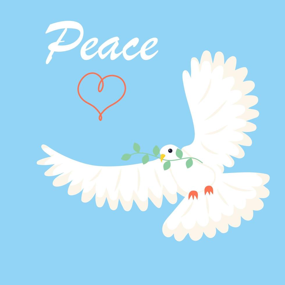 Flying white dove with twig in the sky. Symbol of peace. International peace day. vector