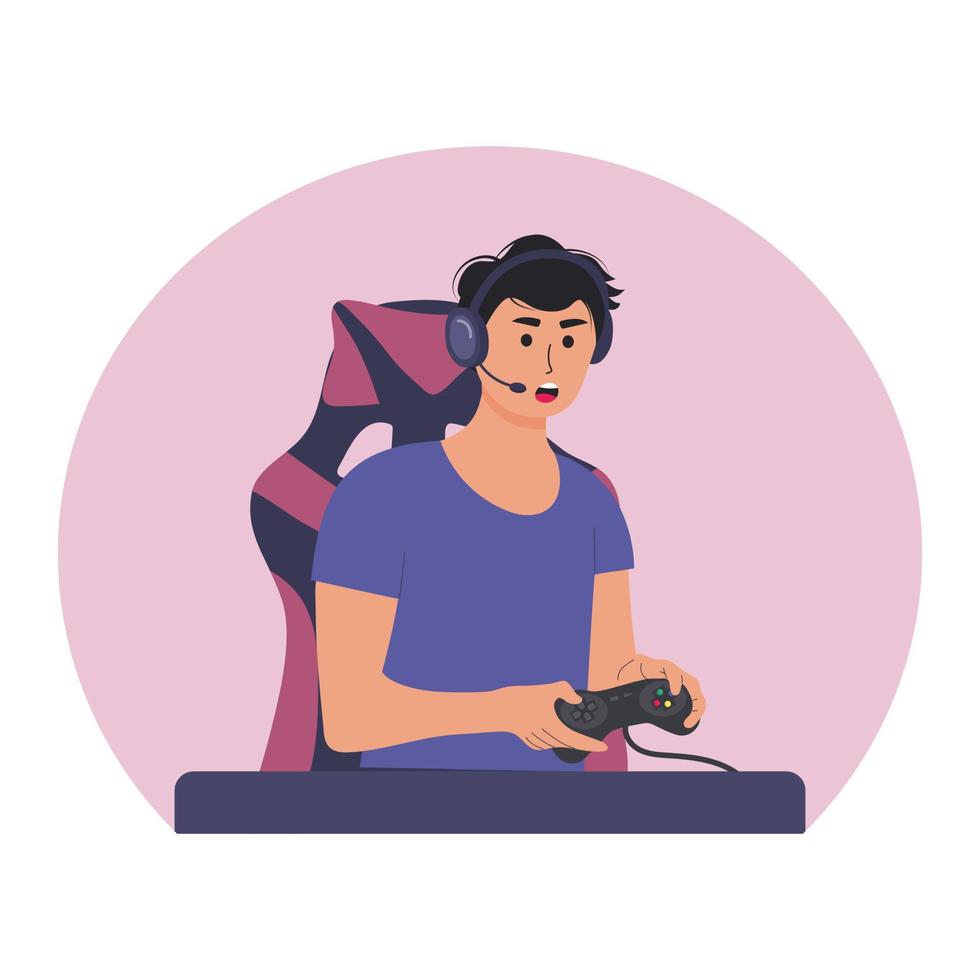 Young man playing video game. Streamer using joystick gamepad. vector