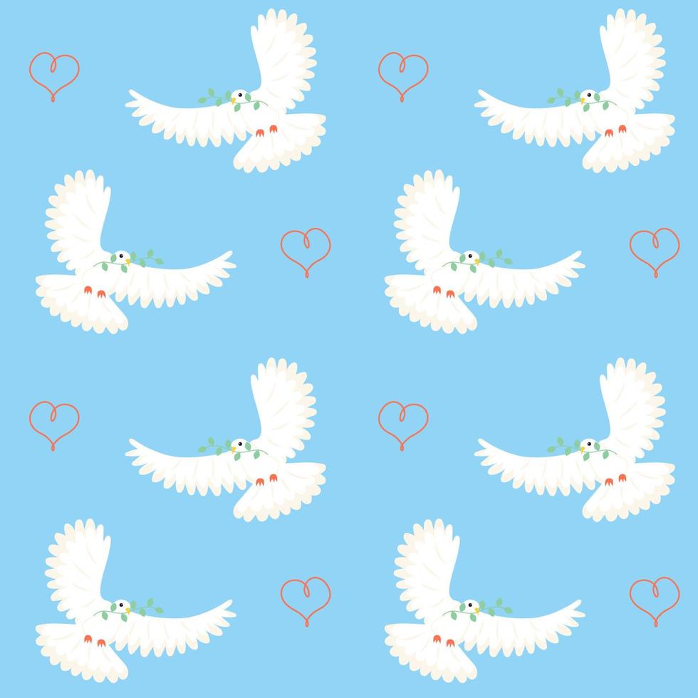 Flying white dove with twig and hand-drawn heart seamless pattern. International peace day background. vector
