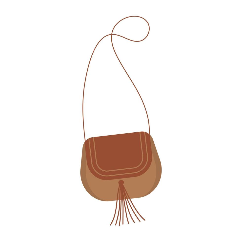 Leather bag in boho style. Women's small shoulder handbag with fringe. Boho outfit. vector