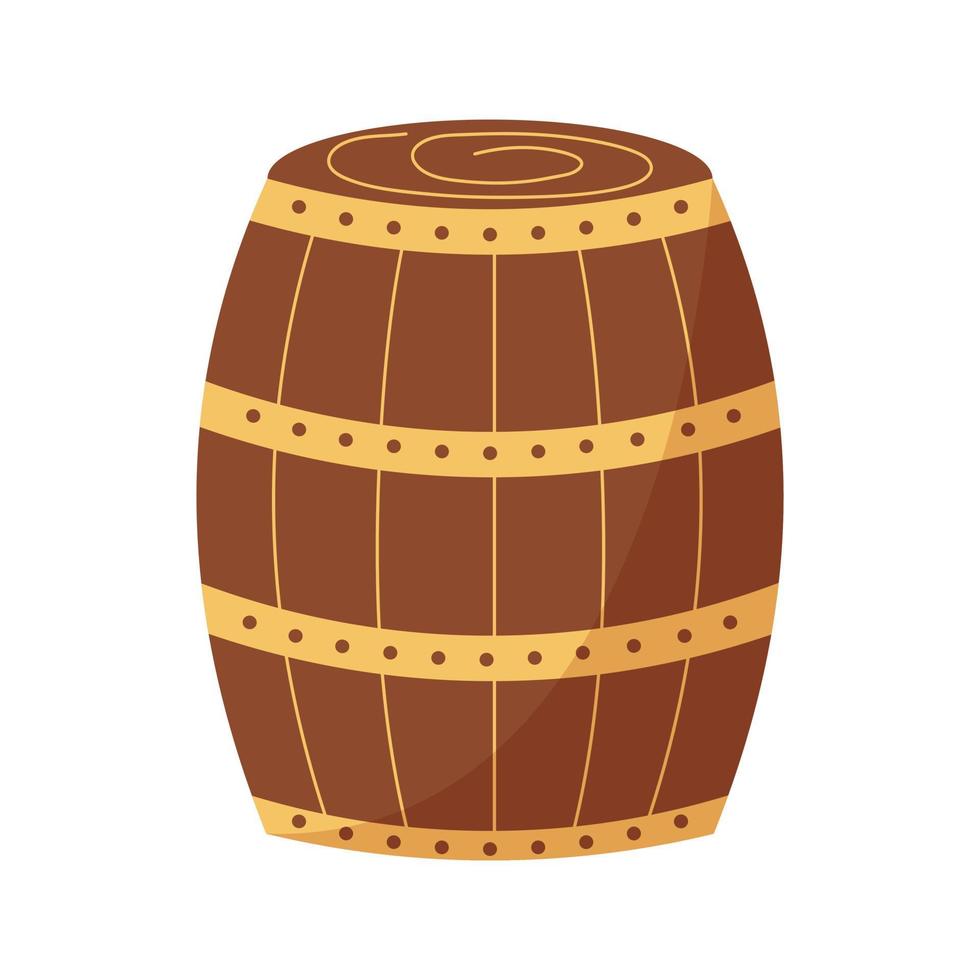 Wooden barrel in cartoon style. Wood container, keg for wine, rum, beer or gunpowder. Decoration, rural, rustic object. Pirate object. vector