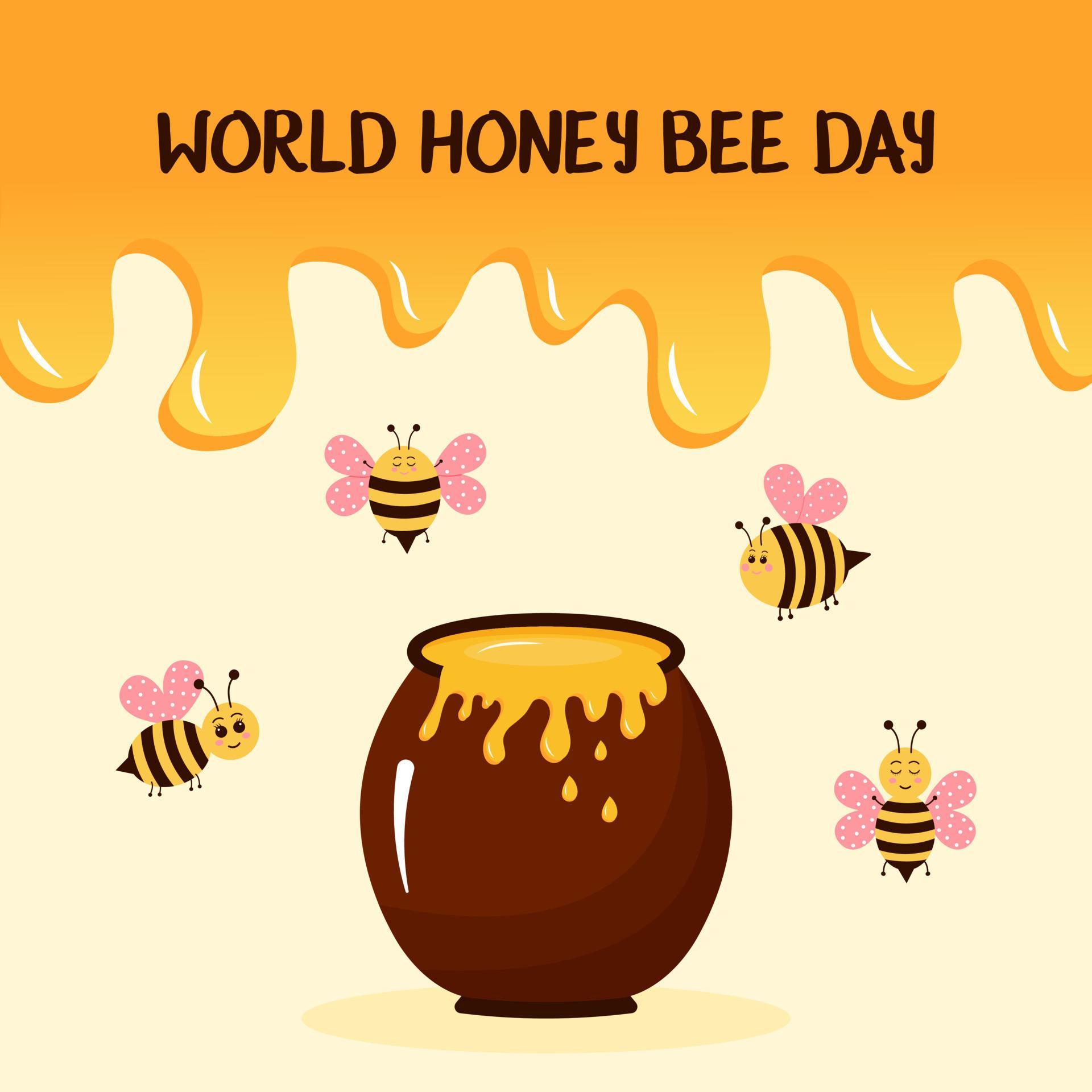 Honey drops background, honey pot and cute bees. World honey bee day