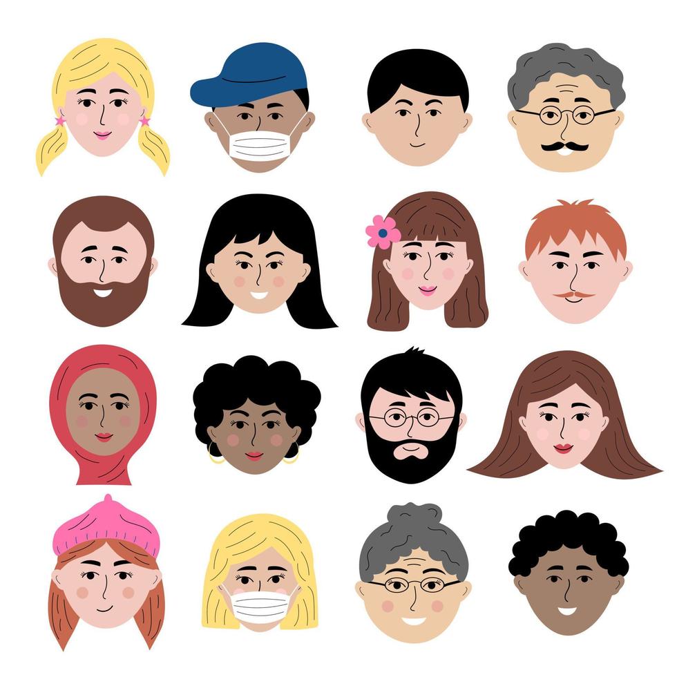 conjunto de garabatos de rostros humanos dibujados a mano. avatares de personas coloridas de diferente sexo, nacionalidad, edad para redes sociales, sitio web. retrato con expresión facial positiva. vector