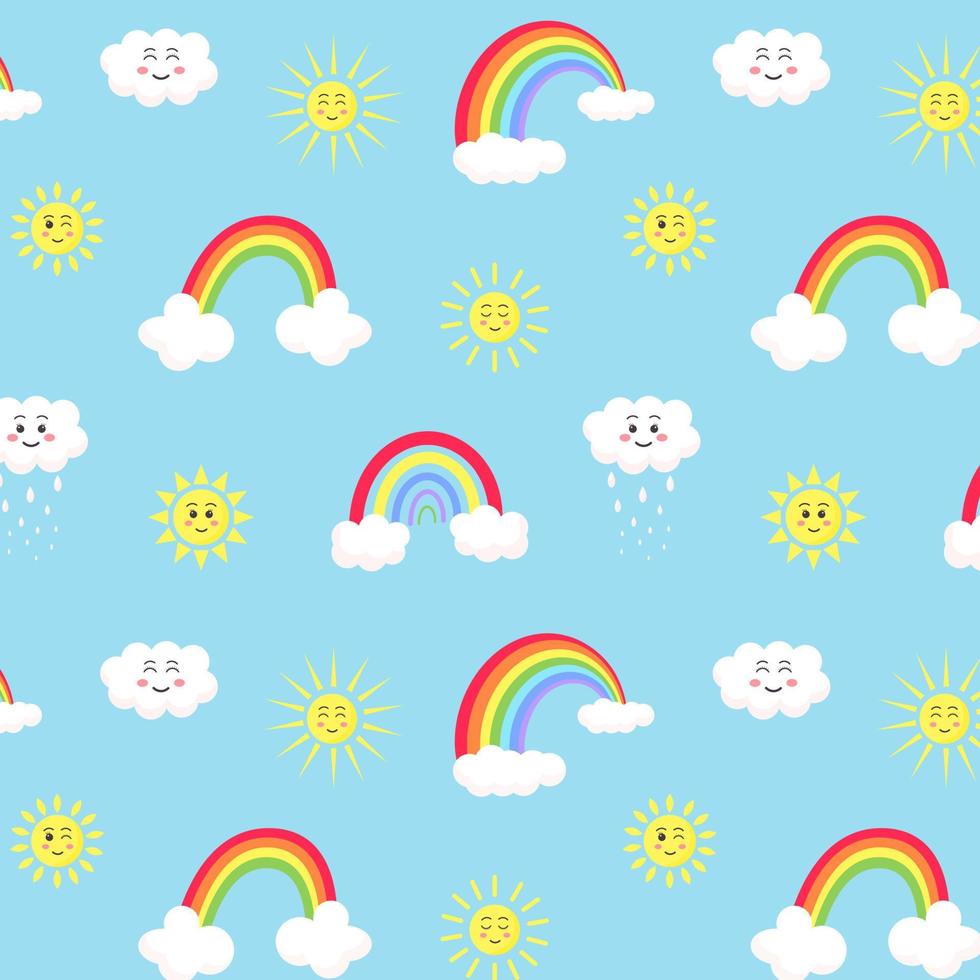 lindos soles kawaii, nubes y arco iris de patrones sin fisuras. vector