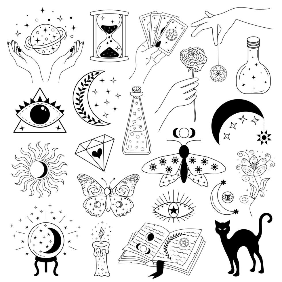 Boho magic doodle set. Hand drawn esoteric astrology symbols. Witchcraft mystic alchemy collection. vector