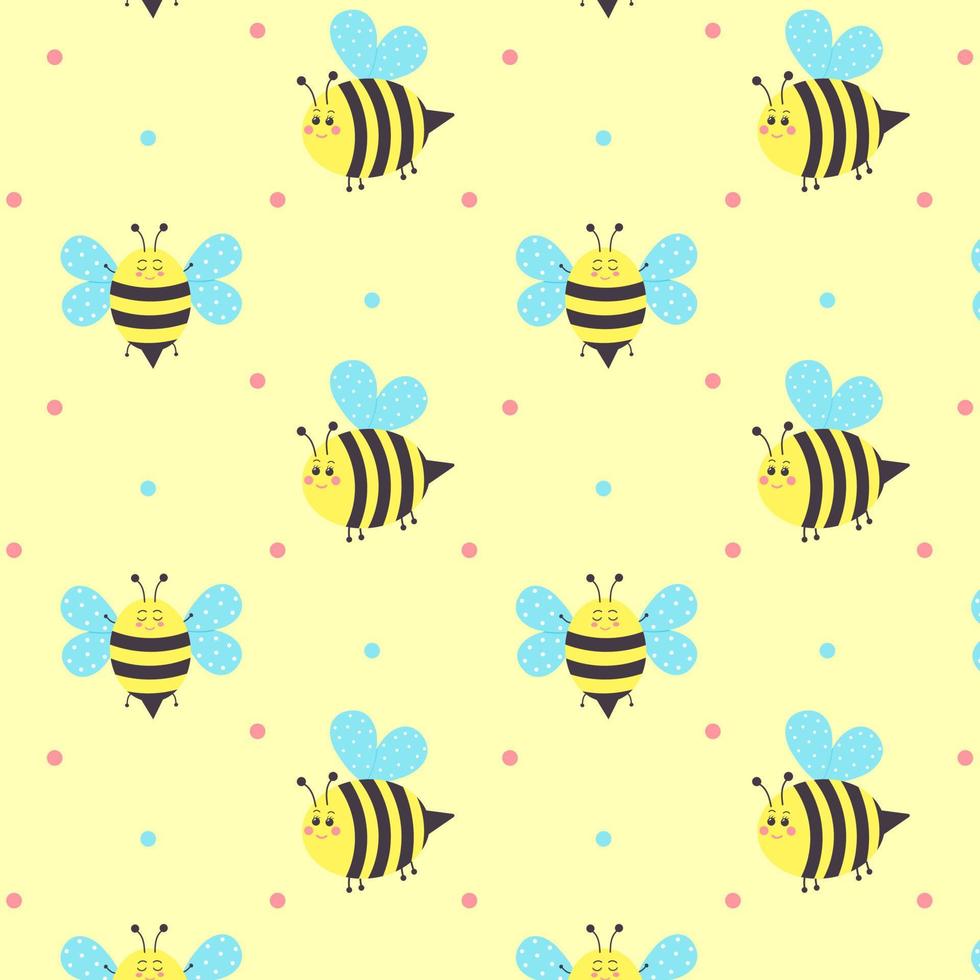 Seamless pattern of cute bees and dots. Summer and spring. For postcards, wallpaper, textile, scrapbooking and wrapping paper. vector