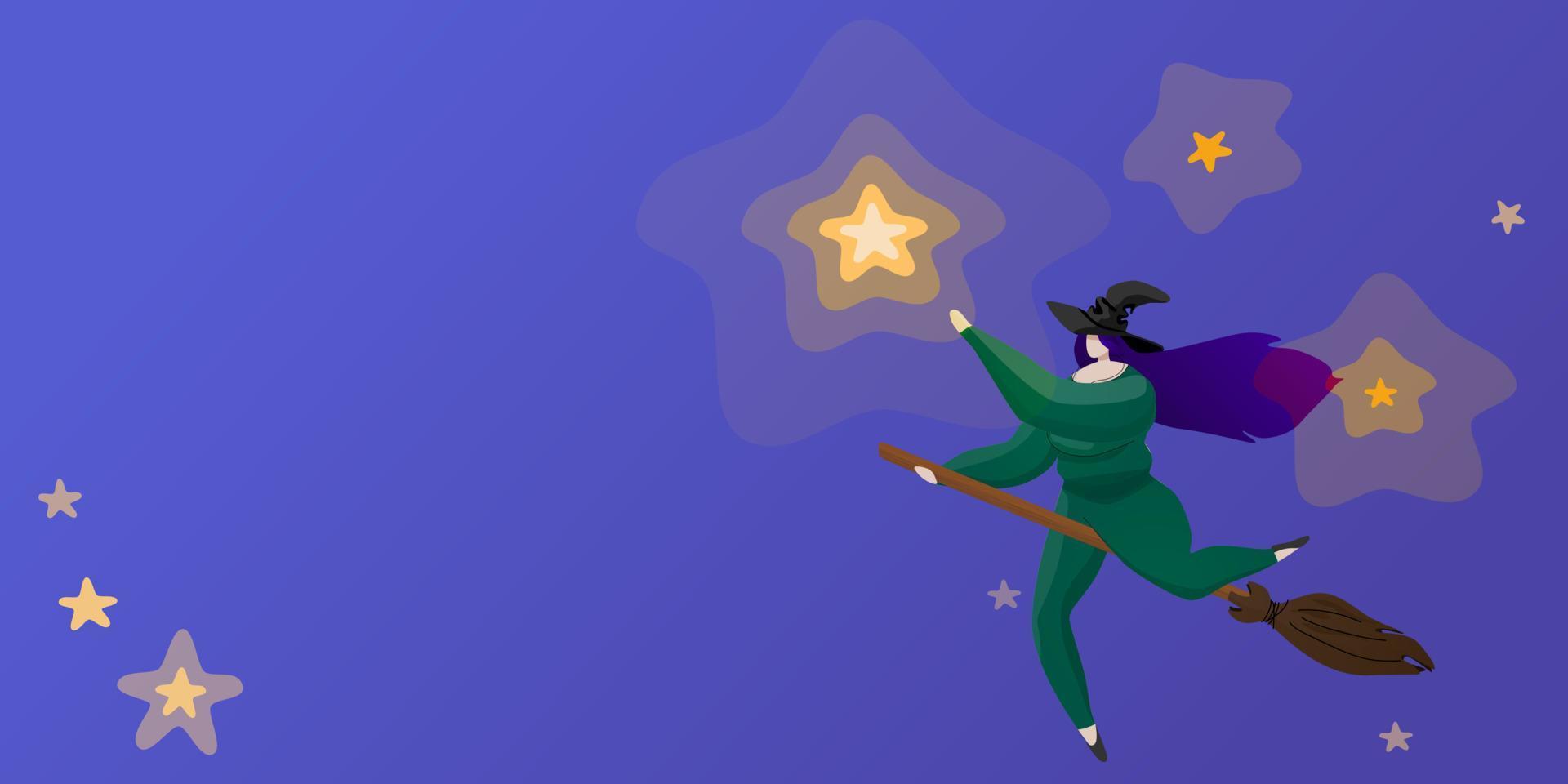 Witch in green costume and wizard hat is flying on the broom and reaches the star. Halloween banner design. Flat style vector illustration with faceless character.