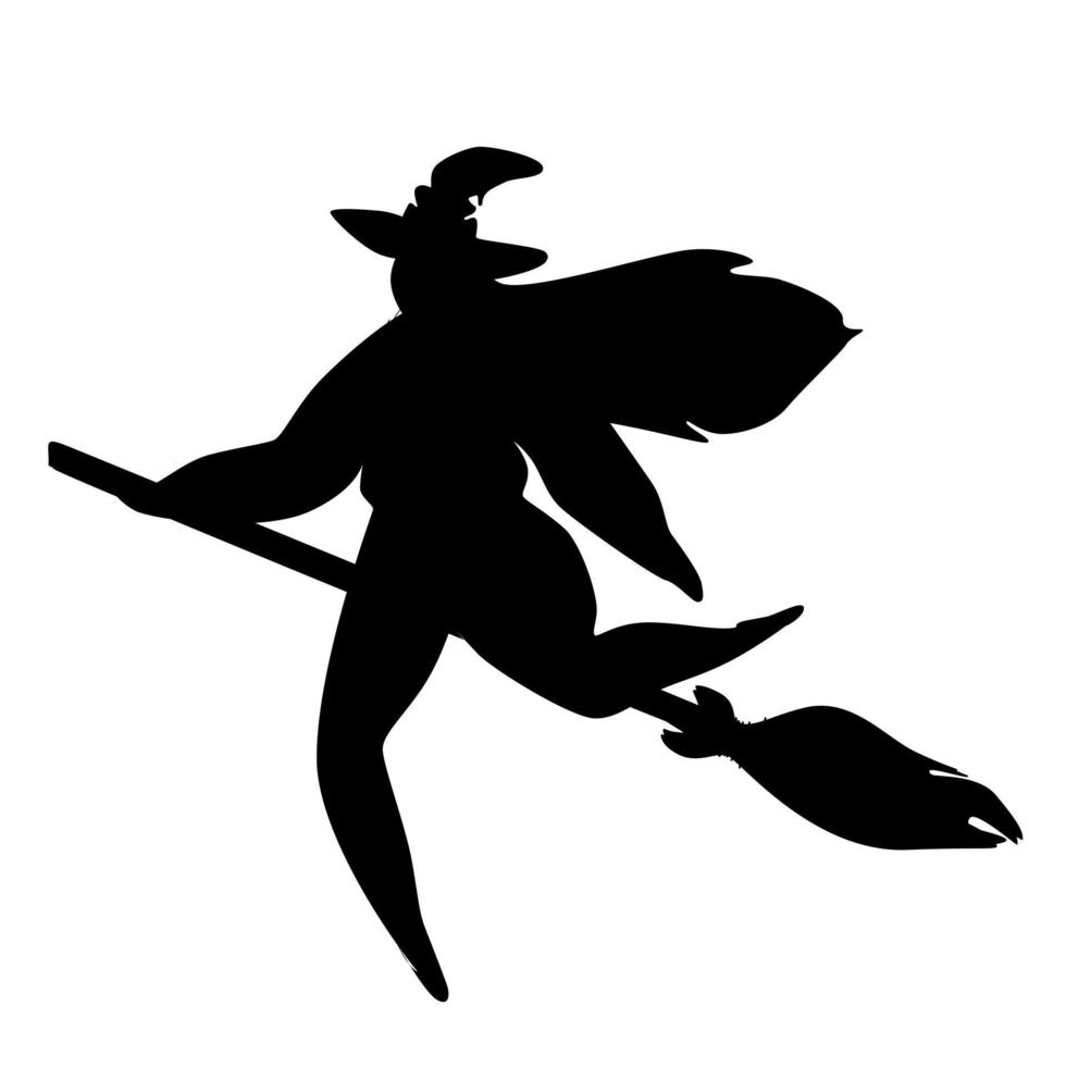 Black silhouette of  witch flying on the broom. Vector illustration isolated on white background.