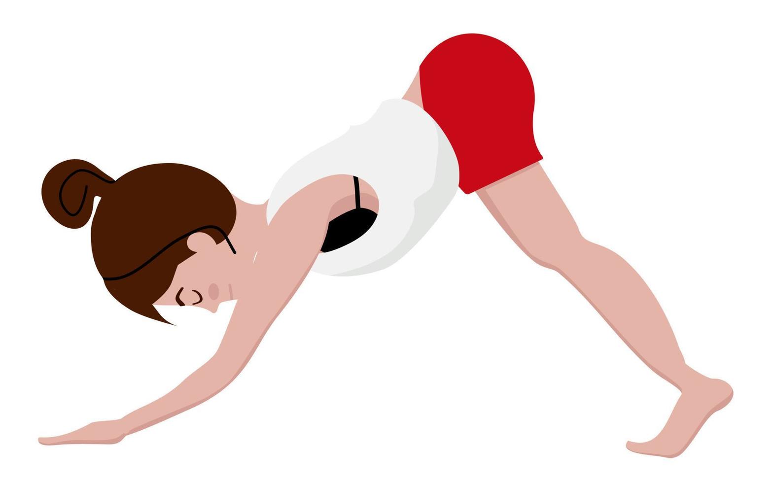 mujer joven de pie en pose de yoga boca abajo perro. ilustración de vector de estilo plano de dibujos animados aislado sobre fondo blanco.