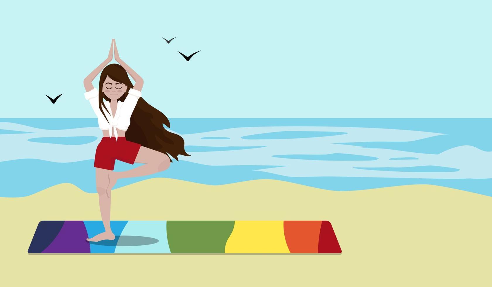 Young woman standing in yoga tree pose on a multicolour mat on a beautiful calming beach. Cartoon flat style vector illustration.