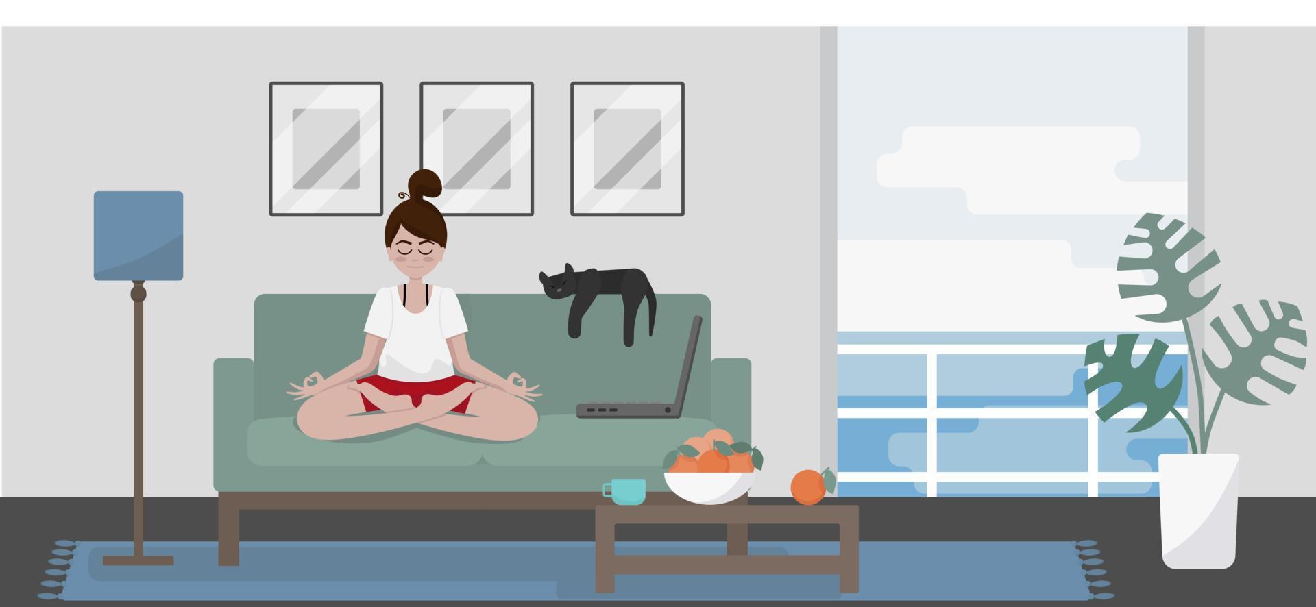 The young woman is sitting on sofa with laptop and meditating. The interior includes great sea view from a window. Cartoon flat style vector illustration.