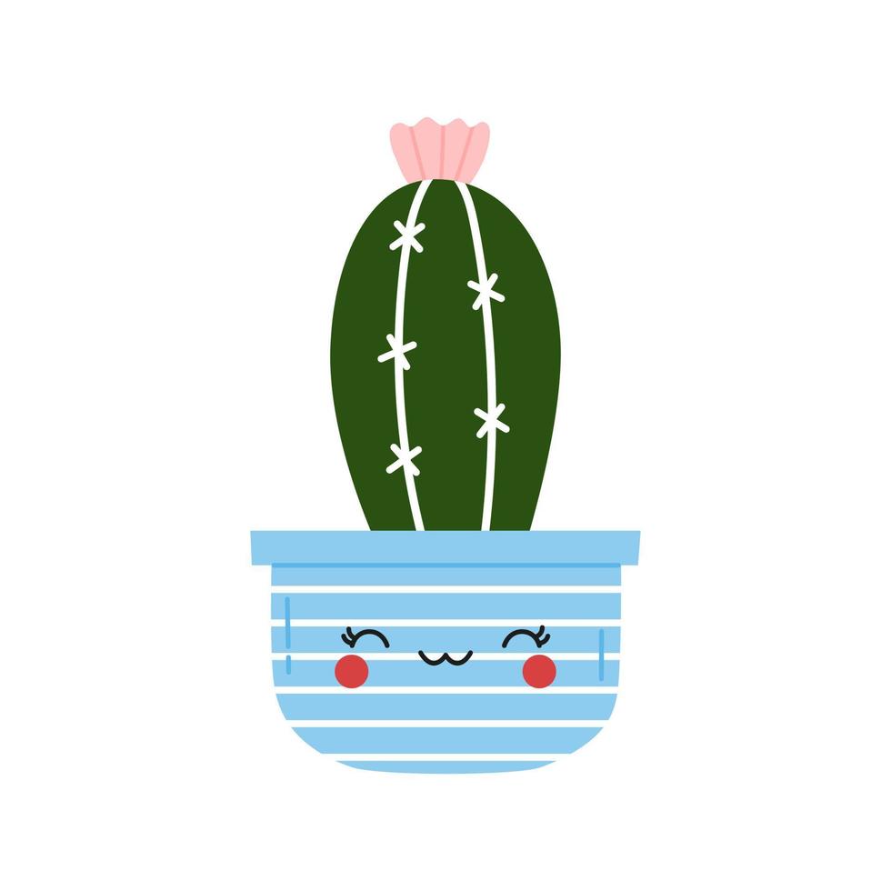 Lovely flower cactus in smiling flowerpot. Cute hand drawn vector illustration of houseplant in cartoon style isolated on white background