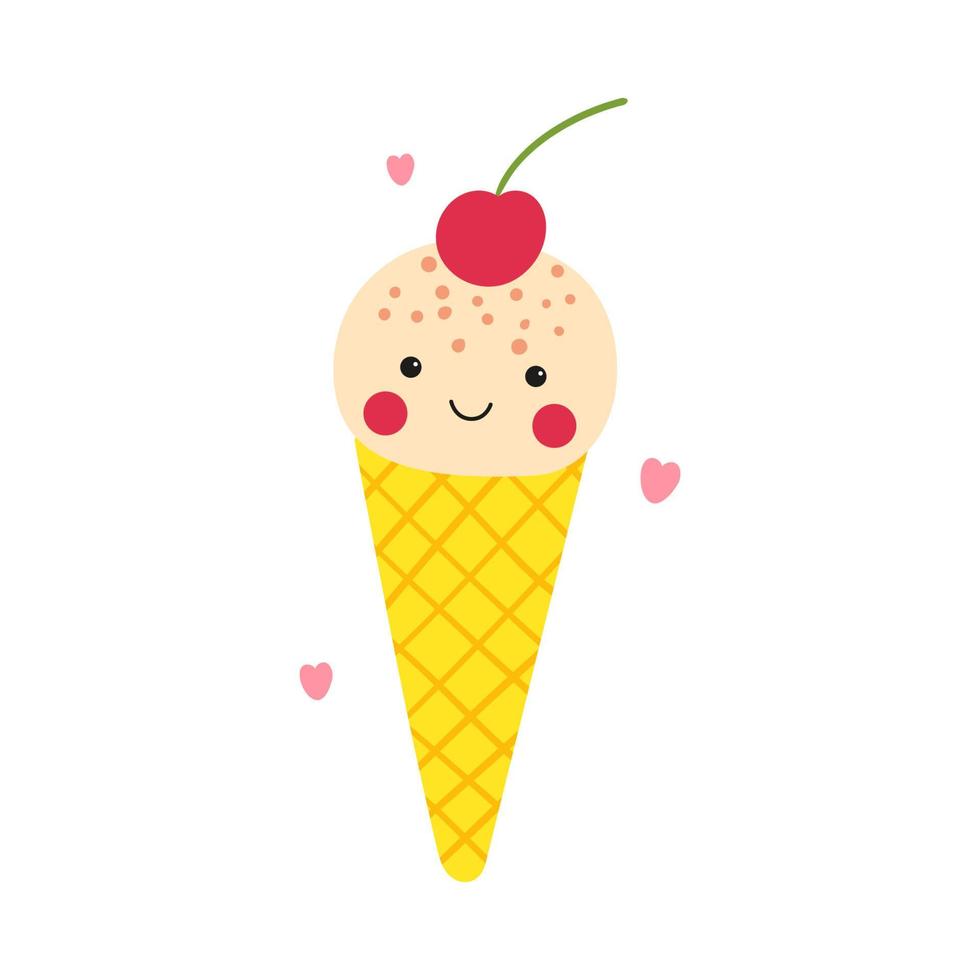 Kawaii wafer ice cream cone with cute little cherry. Vector illustration