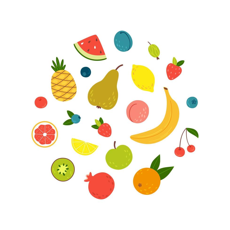 Set of ripe and juicy summer fruits and berries hand drawn in cartoon style vector