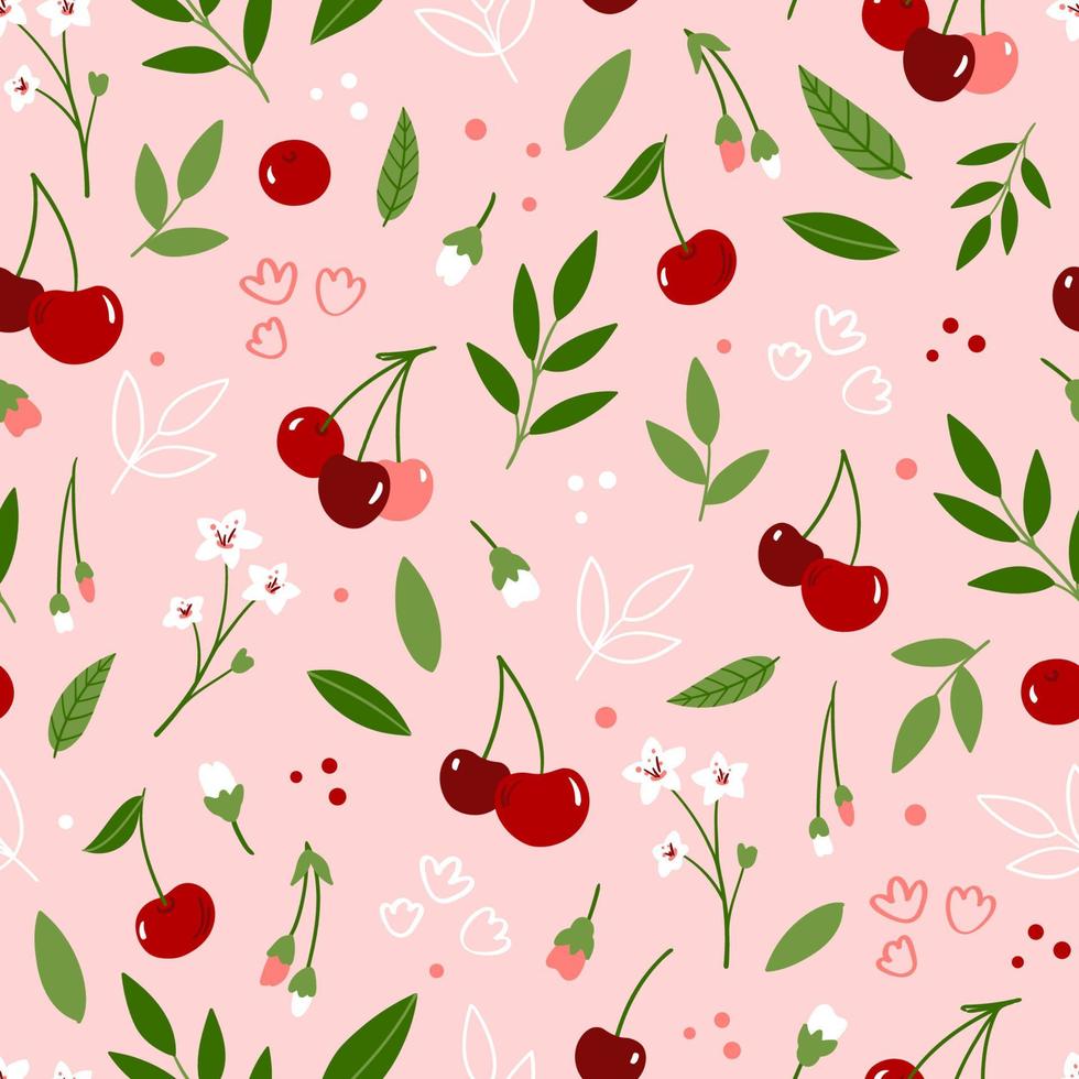 Seamless floral pattern with cherry, flowers and leaves on pink background vector