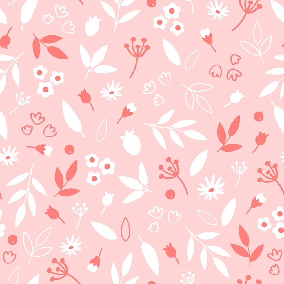 Simple vector summer pattern - silhouettes of flowers and leaves on pink background