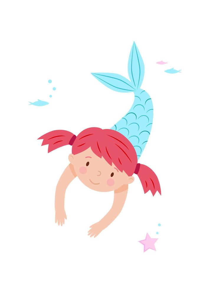 Cute little mermaid girl swimming underwater. Kids vector illustration drawn in cartoon style