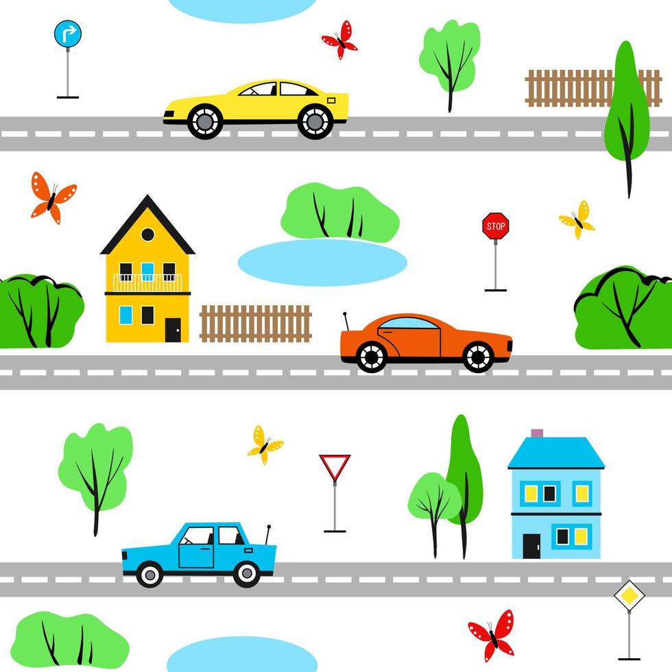 Cute seamless vector pattern with cars driving on city roads