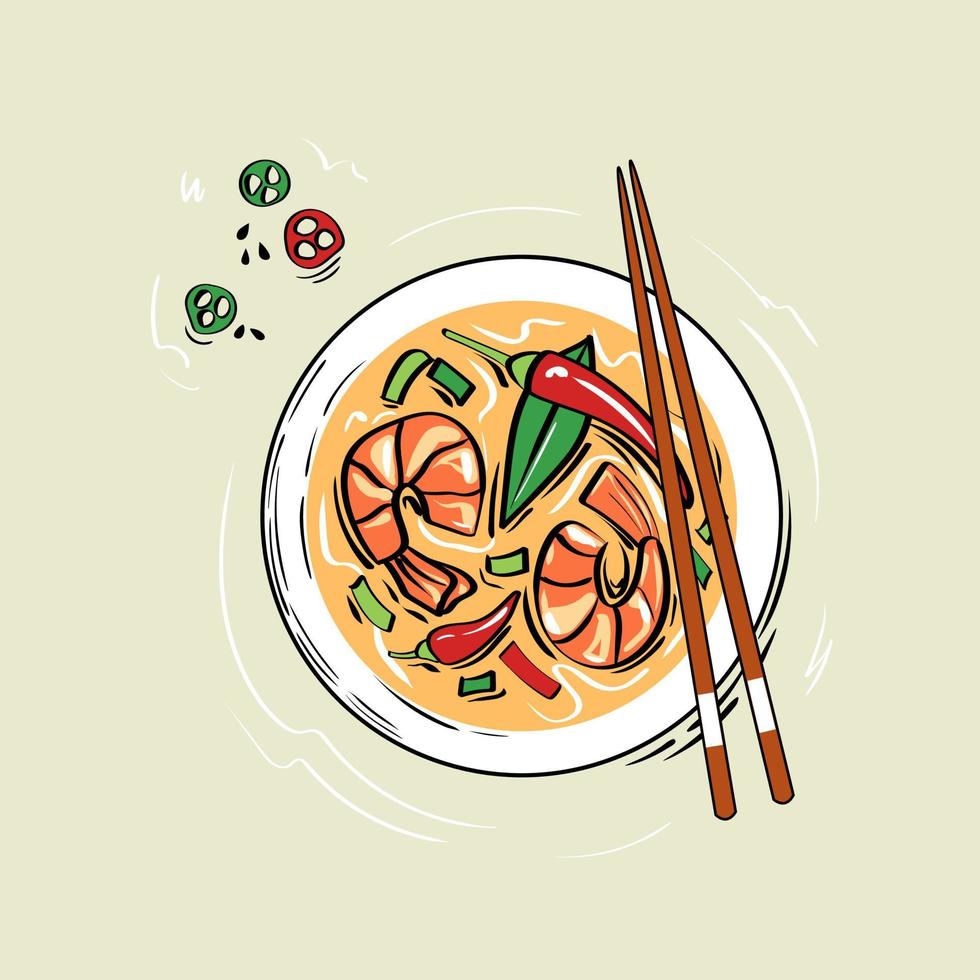 Traditional creamy Asian tom yum soup with seafood. Food vector illustration drawn in sketch style for menu