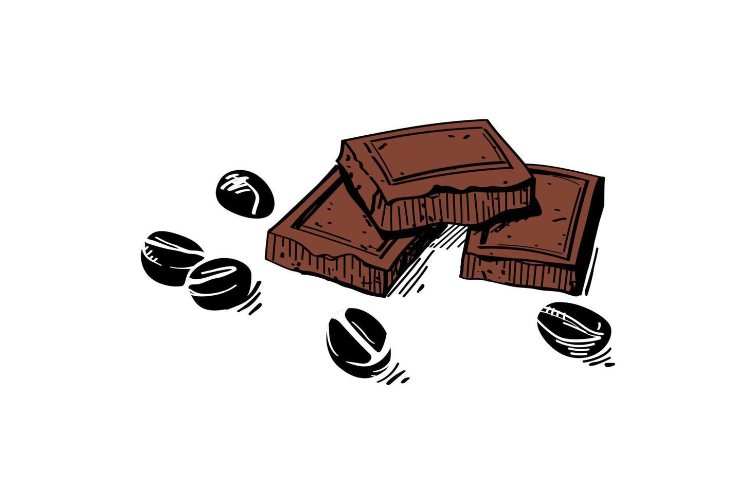 Vector sketch of dark brown chocolate bar pieces and coffee beans