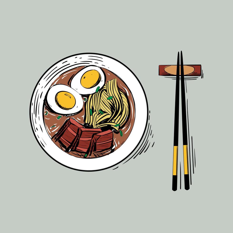 Spicy ramen with wheat noodle, meat, eggs and onion vector