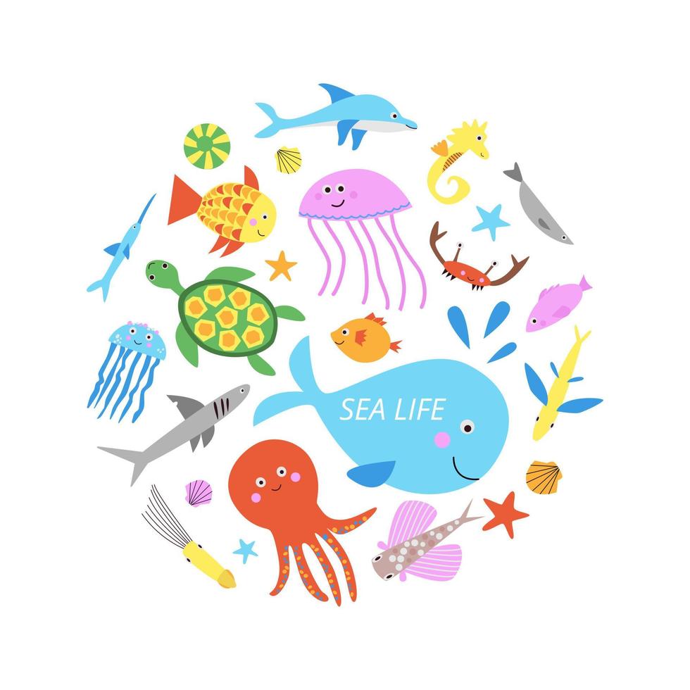 Cute sea life animals set. Cartoon vector illustration for kids textile, prints, posters, stickers