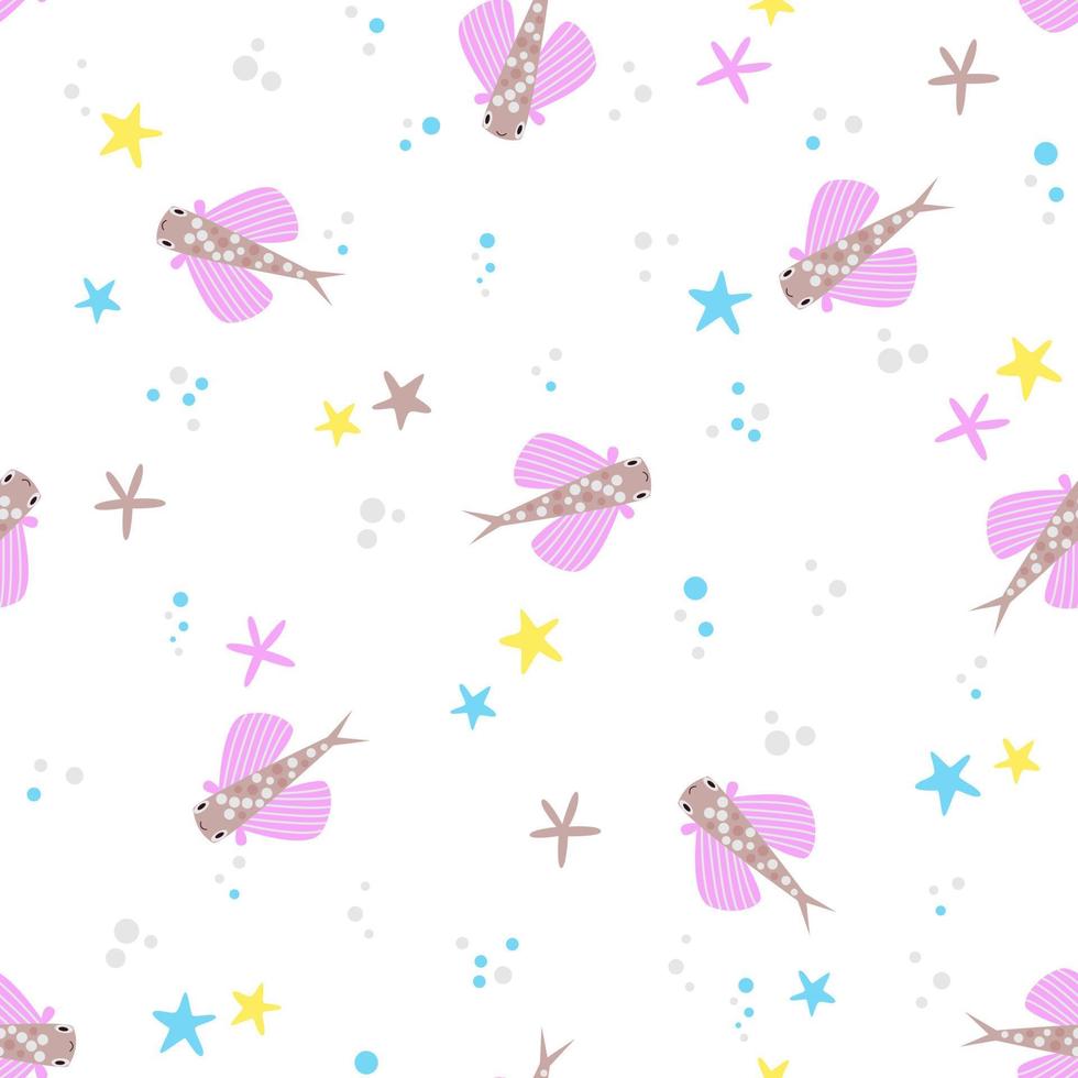 Cute seamless childish vector pattern with tropical flying fish