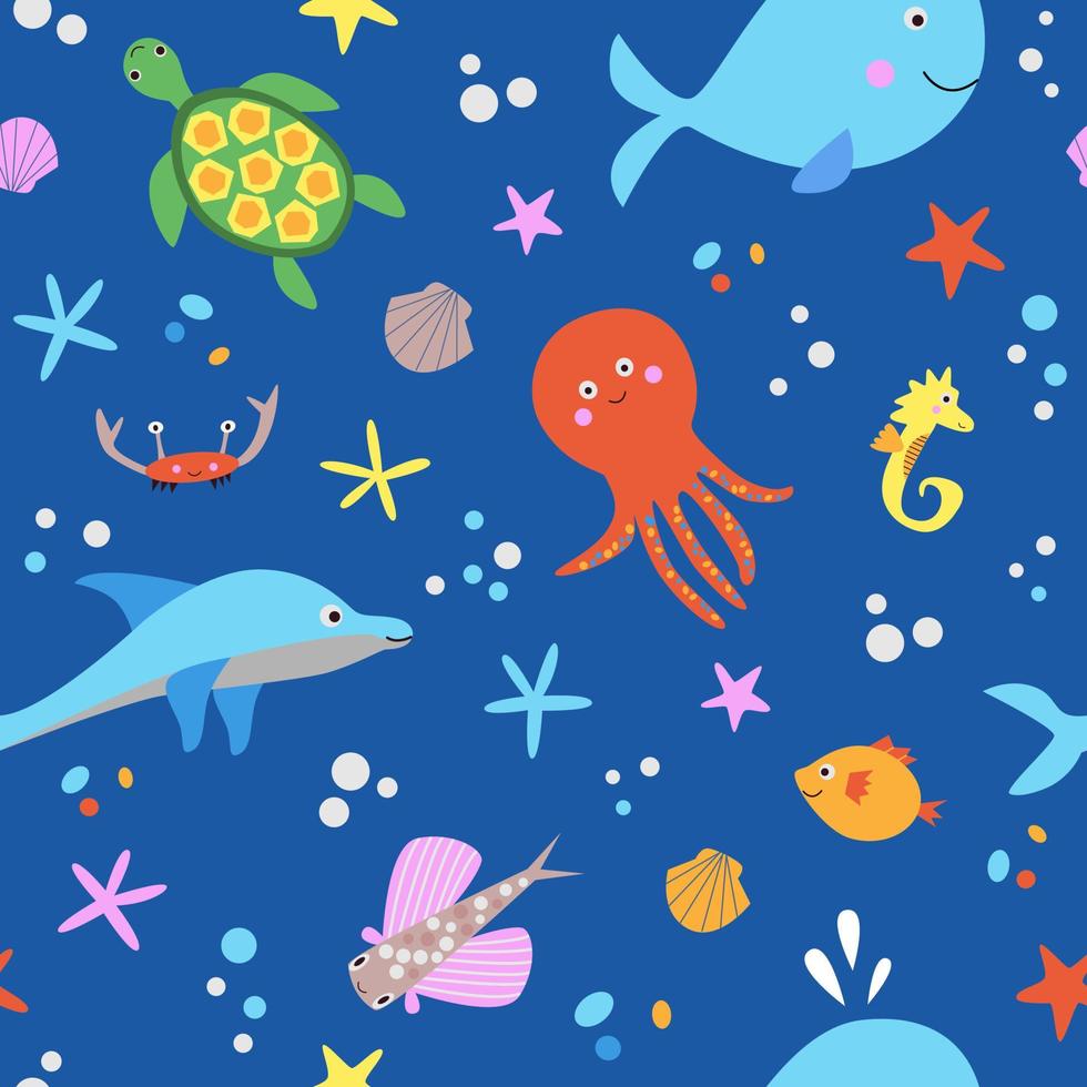 Cute seamless pattern with sea animals vector illustration