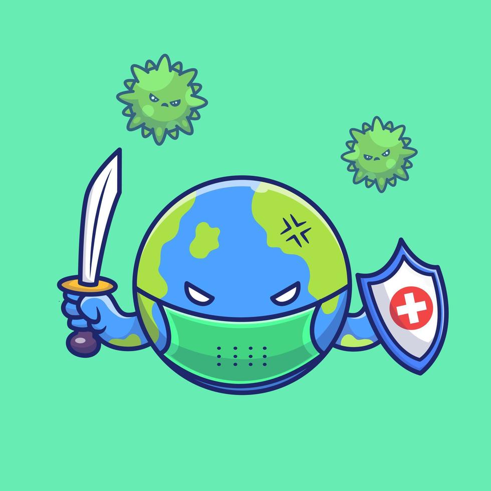 Cute World Fighting Corona Virus Cartoon Vector Icon  Illustration. World Pandemic Icon Concept Isolated Premium  Vector. Flat Cartoon Style