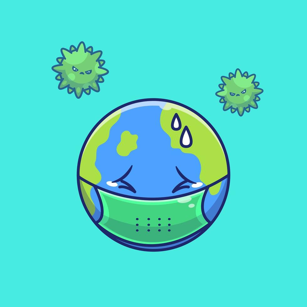 Cute World Wearing Mask Crying With Virus Cartoon Vector Icon Illustration. People Medical Icon Concept  Isolated Premium Vector. Flat Cartoon Style