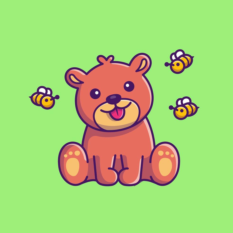 Cute Honey Bear With Bee Cartoon Vector Icon Illustration.  Animal Nature Icon Concept Isolated Premium Vector. Flat  Cartoon Style
