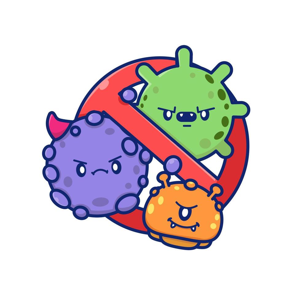 Cute dibujos animados de virus con ilustración de icono de vector de dibujos animados de señal de stop. concepto de icono médico de ciencia vector premium aislado. estilo de dibujos animados plana