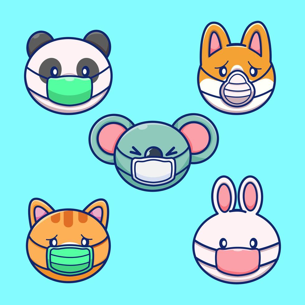 Cute Animals Faces Wearing Medical Mask Cartoon Vector  Icon Illustration. Animal Medical Icon Concept Isolated  Premium Vector. Flat Cartoon Style