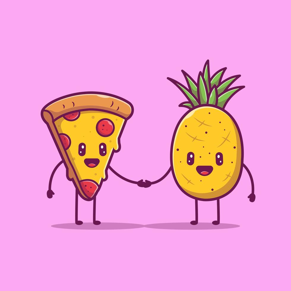 linda pizza estrechando la mano con la ilustración del icono del vector de dibujos animados de piña. concepto de icono de comida y bebida vector premium aislado. estilo de dibujos animados plana