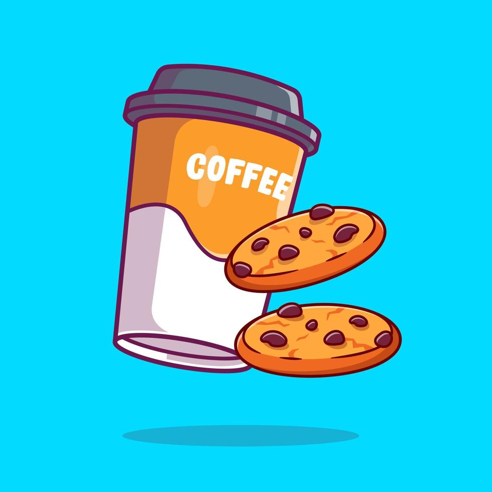 taza de café voladora con ilustración de icono de vector de dibujos animados de galletas de chocolate. concepto de icono de bebida de alimentos vector premium aislado. estilo de dibujos animados plana