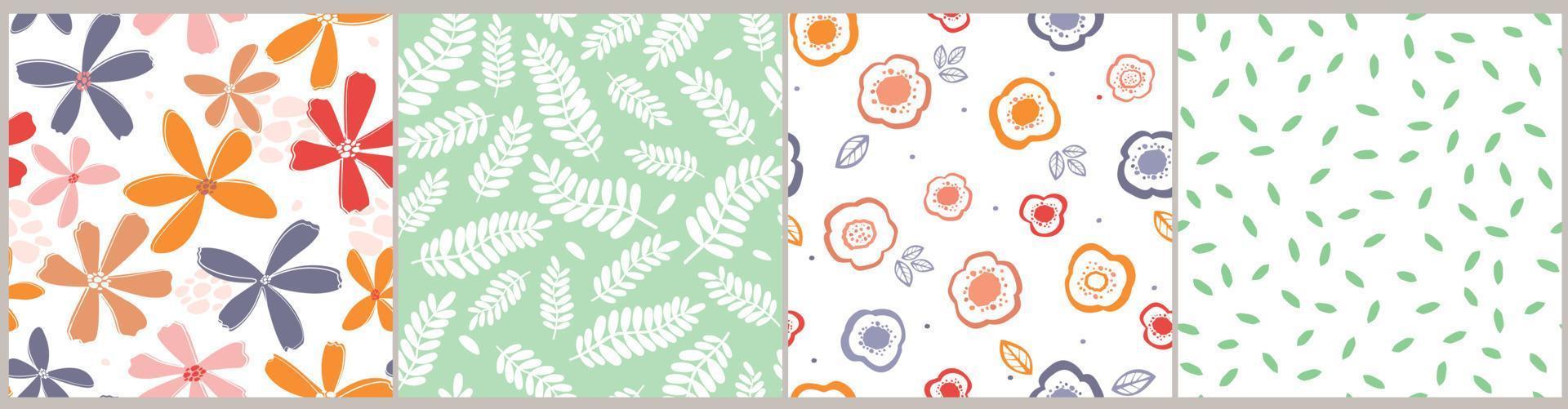 A set of seamless pattern with floral ornament. Summer plant botanical abstract print, simple shapes. Vector graphics.