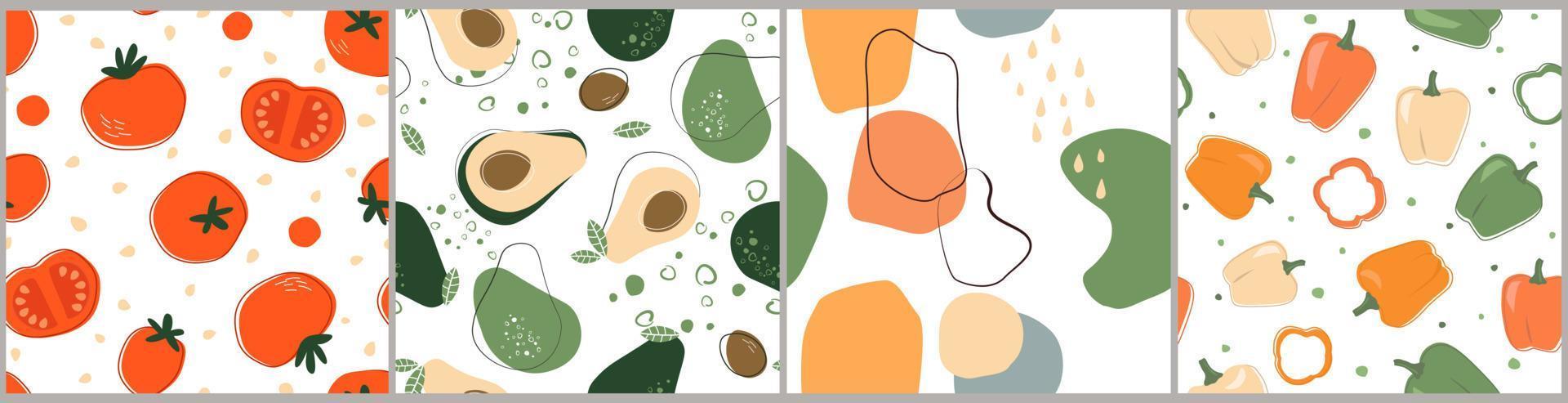 A set of seamless patterns with abstract vegetables. Print with tomatoes. pepper, avocado, simple shapes. Vector graphics.