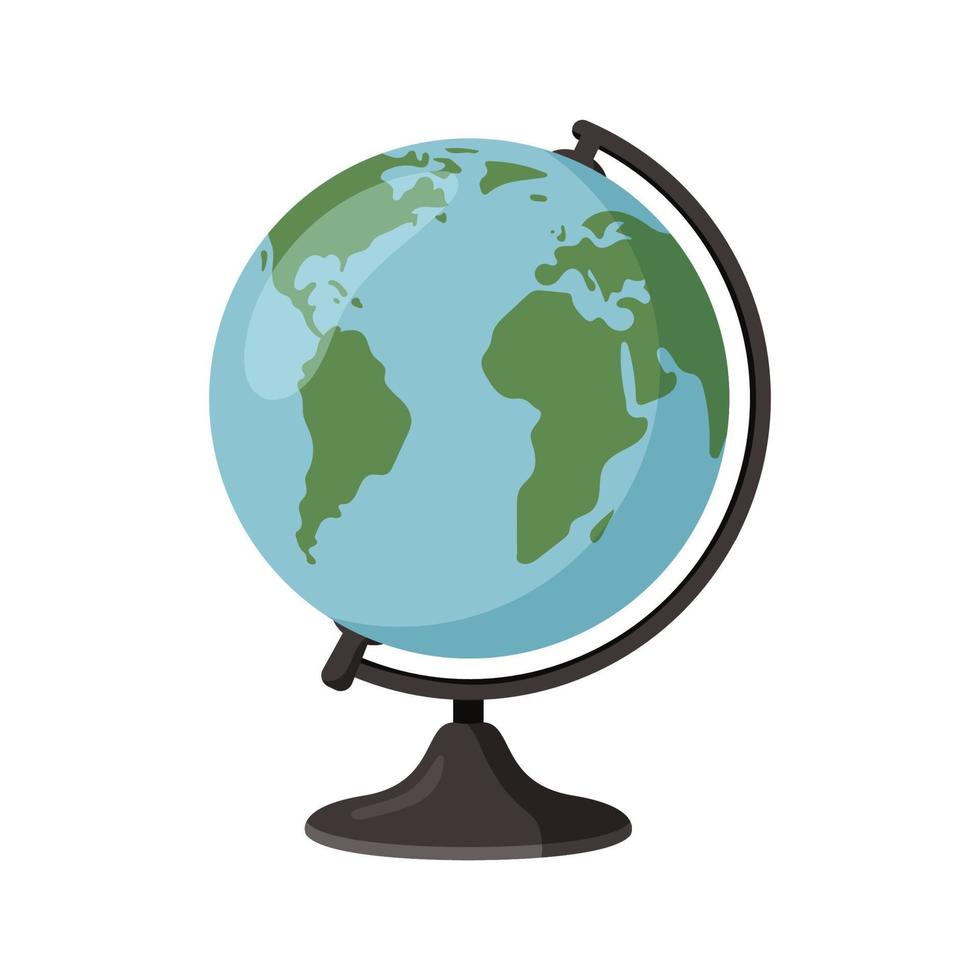 Earth globe, planet, map of continents of world. Vector illustration in flat cartoon style isolated on white background.