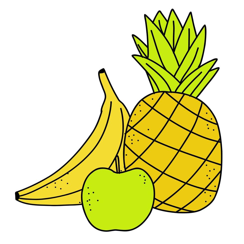 Vector cute pineapple, banana and apple. Doodle on an isolated background. Print food, banner fruits, kithen brochure.