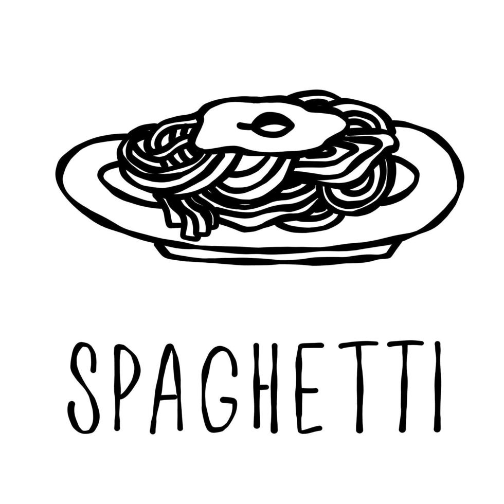 Silhouette line outline food isolated text. Doodle outlines background. Spaghetti on a plate for dinner. vector