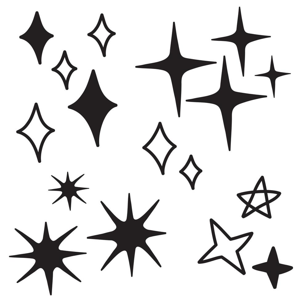 conjunto de garabatos de estrellas vectoriales icono brillante, icono de superficie limpia. estrellas de efecto de luz brillante y explosión brillante. aislado sobre fondo blanco. ilustración vectorial vector