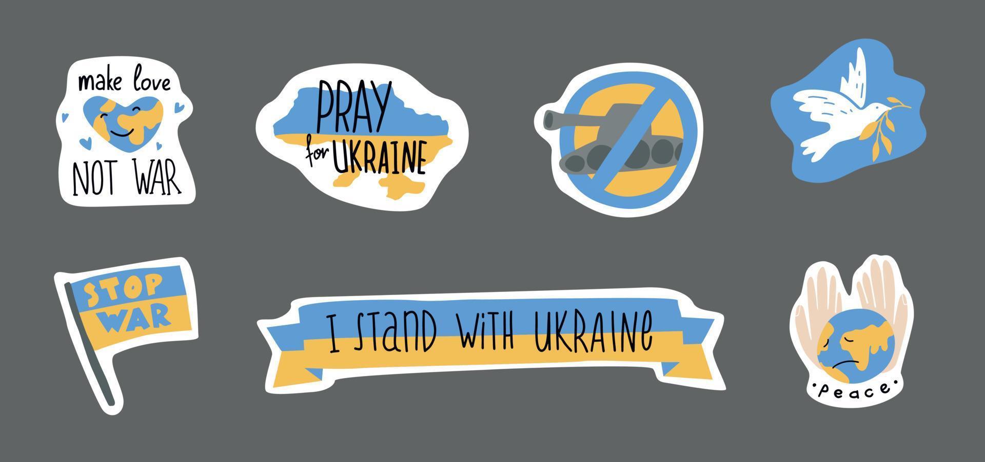 No war in Ukraine. Sticker and elements. Ukraine map and flag. Support for Ukraine. Peace lettering. stop war doodle vector collection.