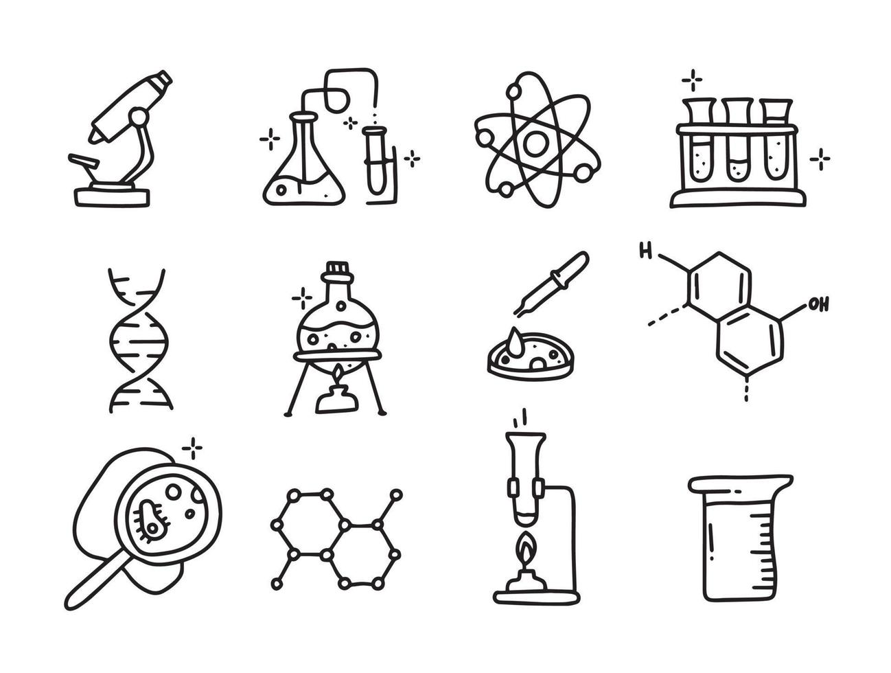 icono químico en estilo de fideos. elementos científicos dibujados a mano. colección de equipos de laboratorio. elementos de investigacion vector