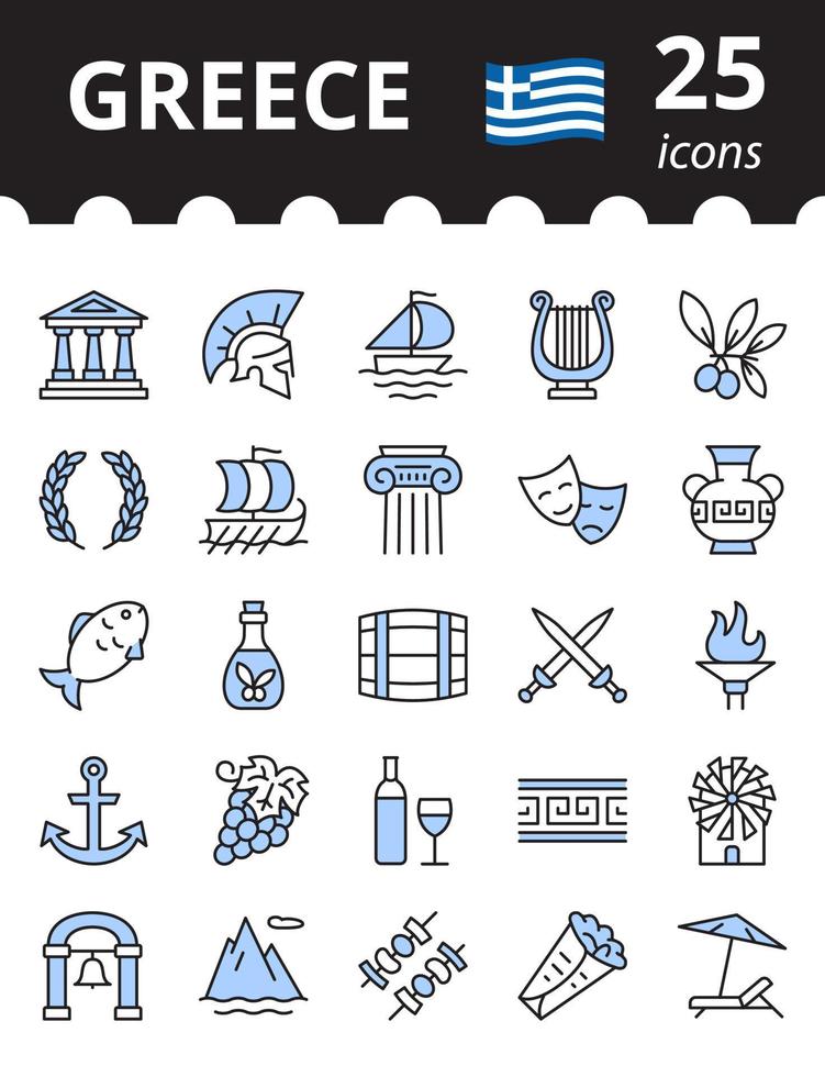 Greece related icon set. Greek symbols collection. Vector illustration.