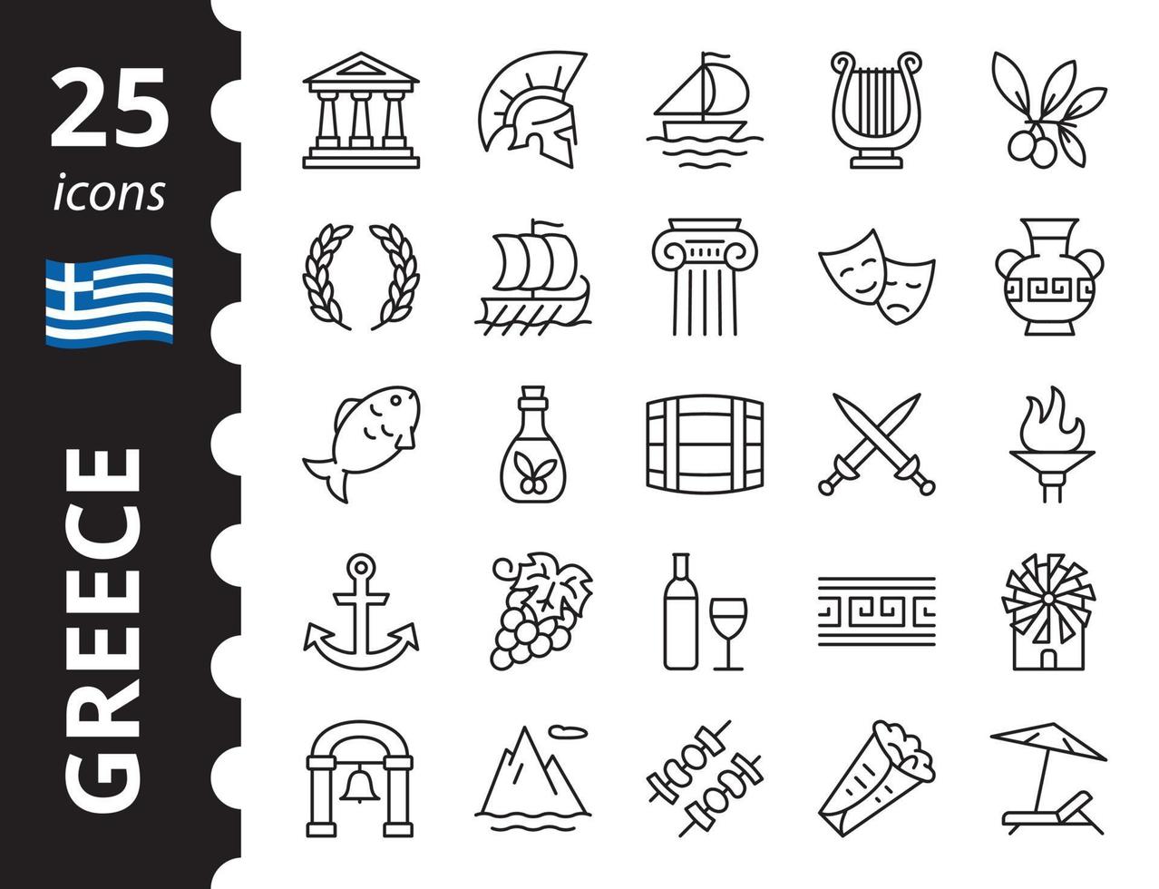Greece - icon set. Greek symbols and objects collection. Simple vector illustration.